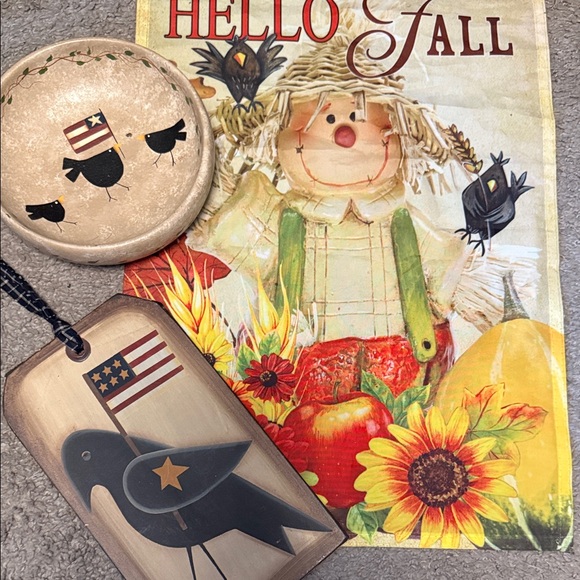 Hello Fall- Scarecrow and Crow w/American Flag Decor Set- - Picture 1 of 16